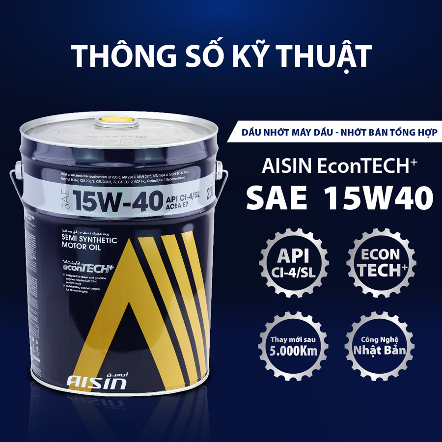 Nhớt Động Cơ Aisin 15W-40 CI-4/SL econTECH+ Semi Synthetic 20L ECSI154PLB