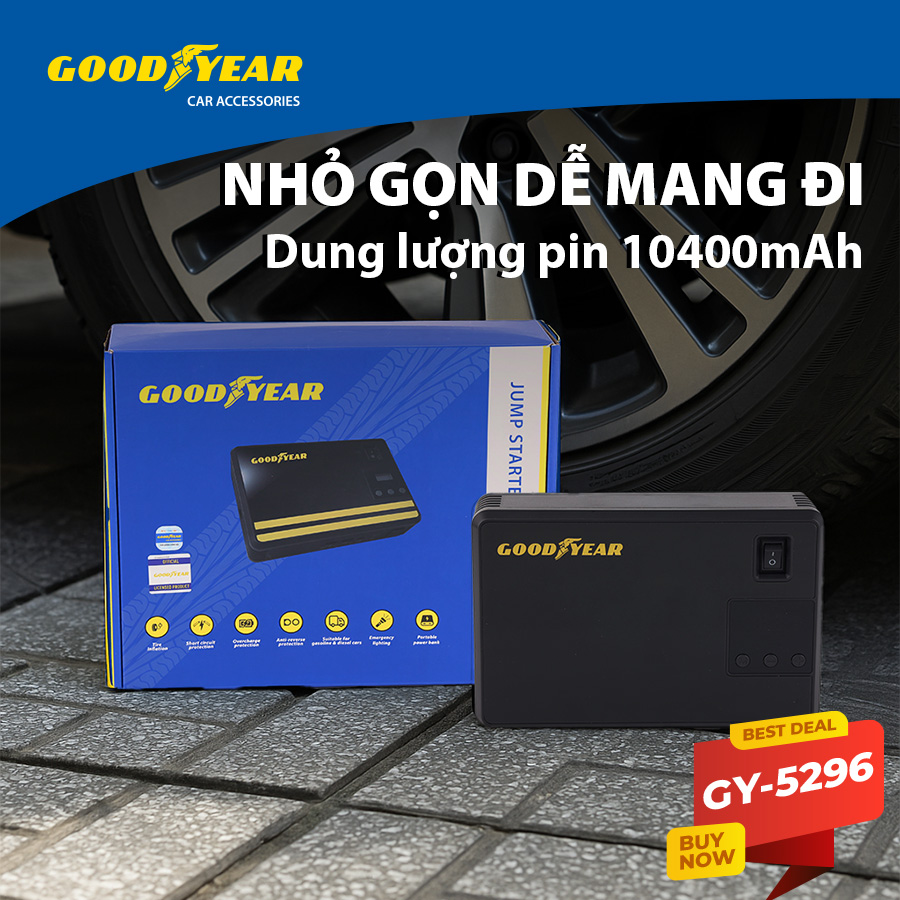 Bộ kích điện+bơm hơi Goodyear GY-5296 12V 10400mAh - 400A - 38.48Wh-2.6A 150PSI-21L/min mặt đồng hồ điện tử