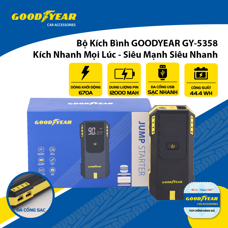 Bộ kích điện GOODYEAR GY-5358 12V 12000mAh - 670A - 44.4Wh - 3.0A mặt đồng hồ điện tử