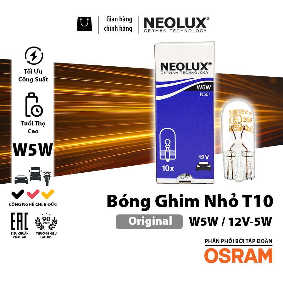 Bóng gim nhỏ T10 (W5W) TRẮNG 12V 5W  N501 Hiệu NEOLUX