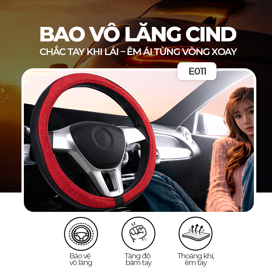 Bao vô lăng CIND PU+TPE E011 size M đen/đỏ