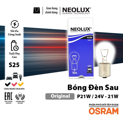 [BDNLXP21W24VN241] Bóng đèn sau S25 1 tim (TRẮNG) 24V 21W (BA15S) chân thẳng N241 Hiệu NEOLUX