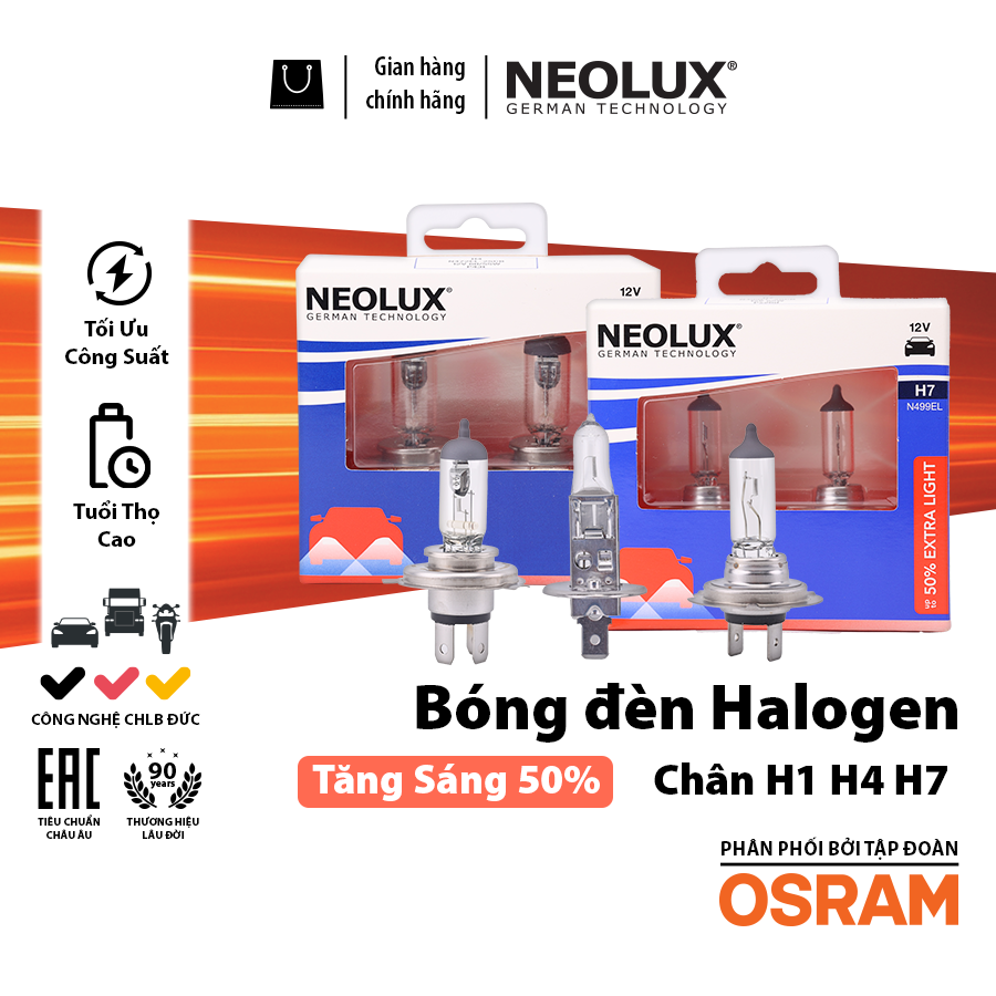Bóng Halogen Tăng Sáng 50% H4 12V 60/55W N472EL-2SCB Hiệu Neolux