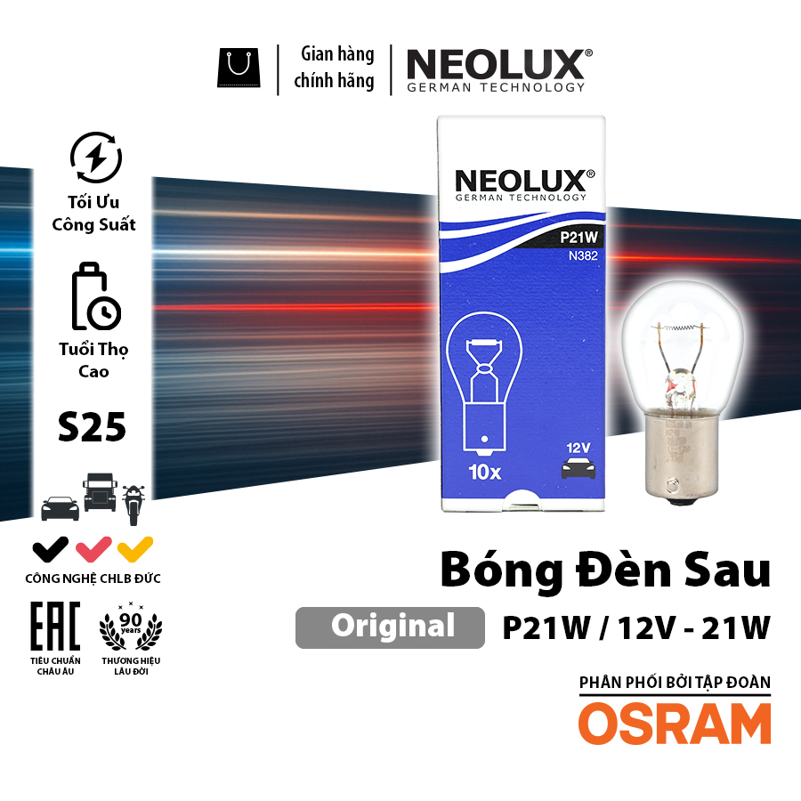 Bóng đèn sau S25 1 tim (trắng) P21W N382 12V - 21W (BA15S) chân thẳng NEOLUX