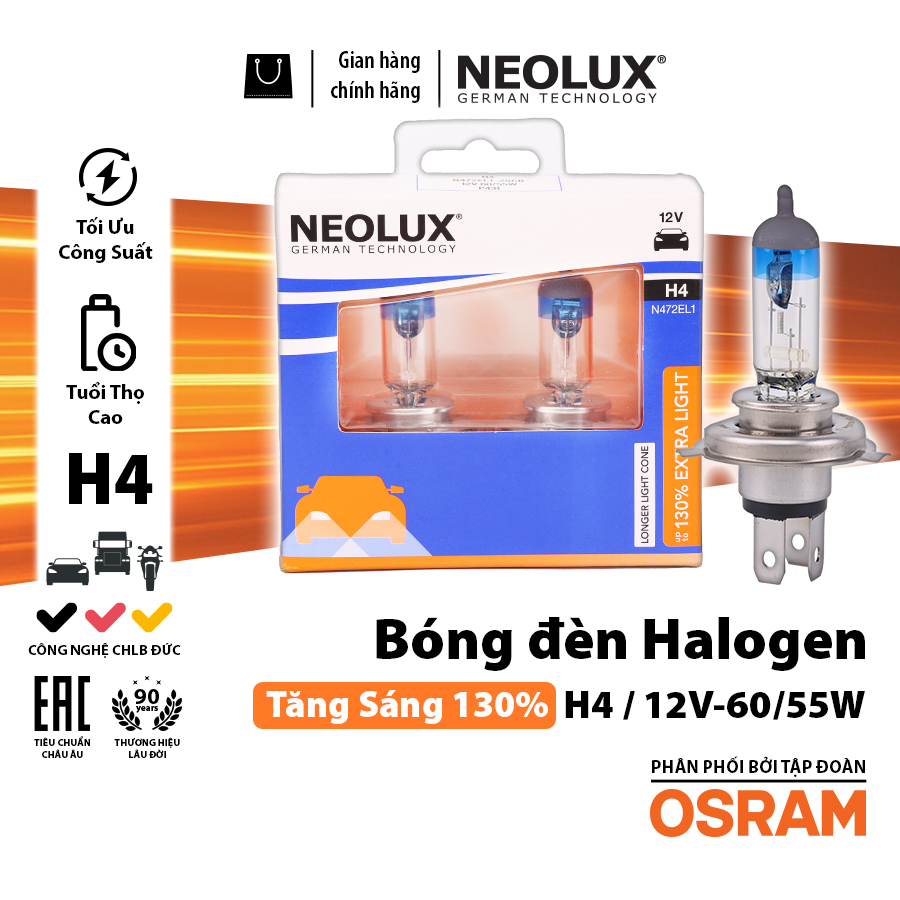 Bóng Halogen Tăng Sáng 130% H4 12V 60/55W N472EL1-2SCB Hiệu Neolux