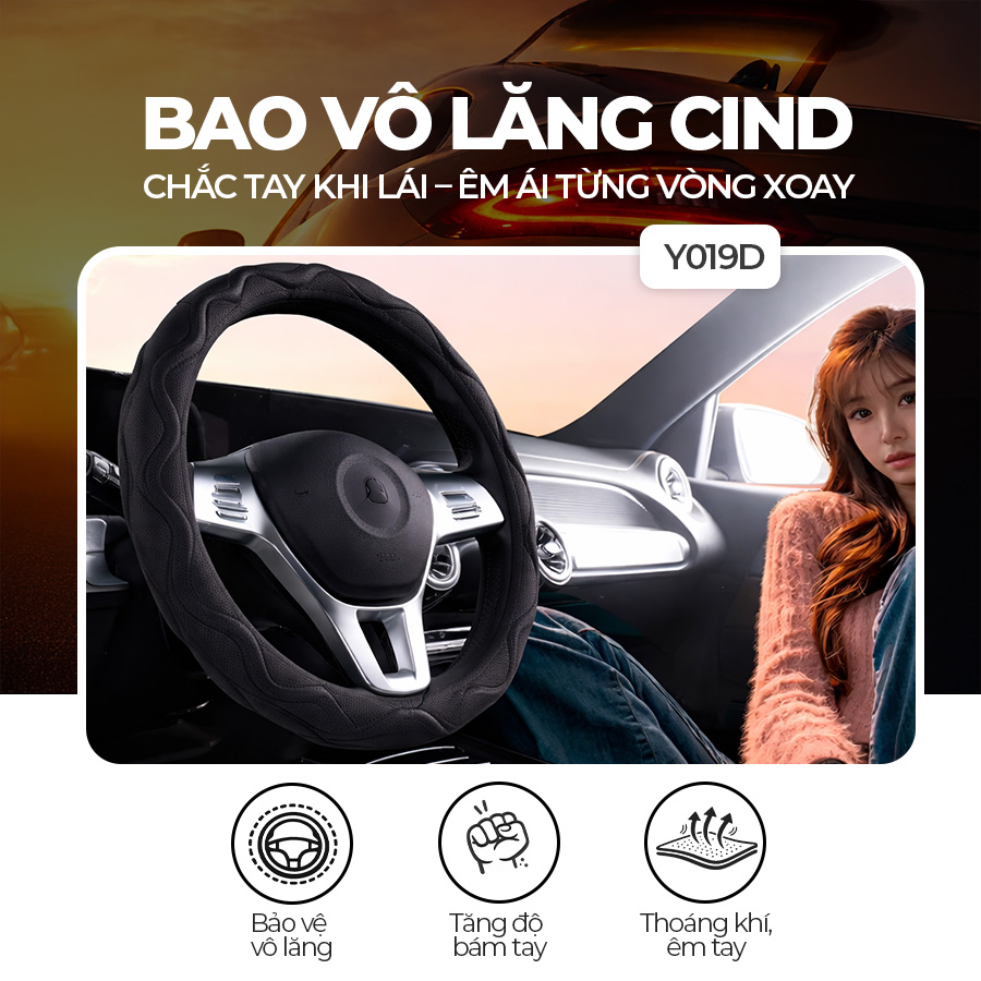 Bao vô lăng CIND  PU+TPE kiểu D Y019D size M đen