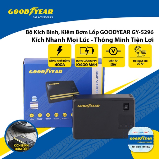 [BKDGY5296] Bộ kích điện+bơm hơi Goodyear GY-5296 12V 10400mAh - 400A - 38.48Wh-2.6A 150PSI-21L/min mặt đồng hồ điện tử