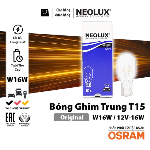 [BDNLXT1512VN921] Bóng gim trung T15 (W16W) 12V 16W N921 Hiệu NEOLUX