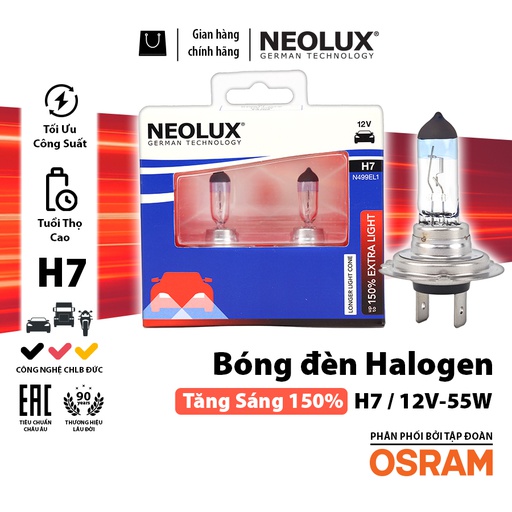 [BDNLXH712VN499EL1150] Bóng Halogen Tăng Sáng 150% H7 12V 55W N499EL1-2SCB Hiệu Neolux