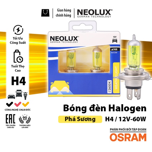 [BDNLXH412VN472W] Bóng Halogen Phá Sương H4 12V 60/55W P43T N472W-2SCB Hiệu Neolux